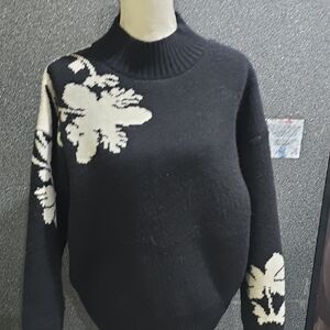 fab'rik Black and Cream Floral Turtleneck Sweater